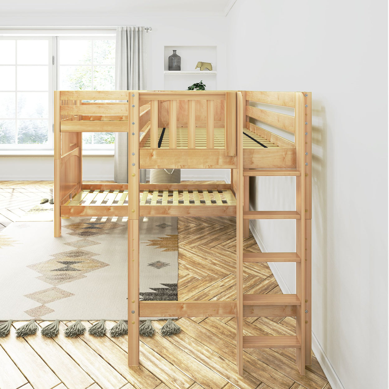 Wooden bunk bed in a bright, modern bedroom with parquet flooring and large window.