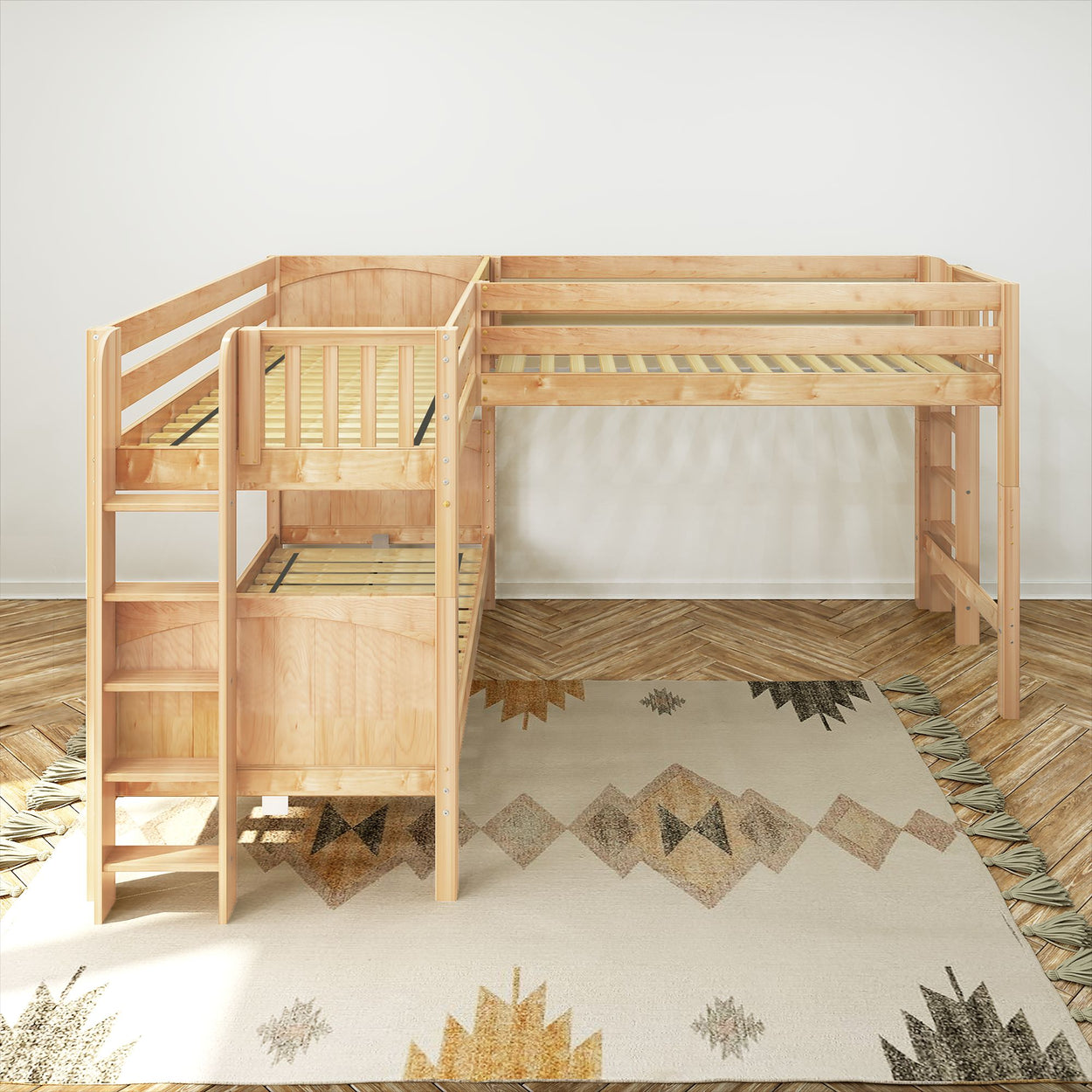 Natural wood corner loft bed with L-shape design, sturdy frame, and ladder, placed on patterned rug in bright room.