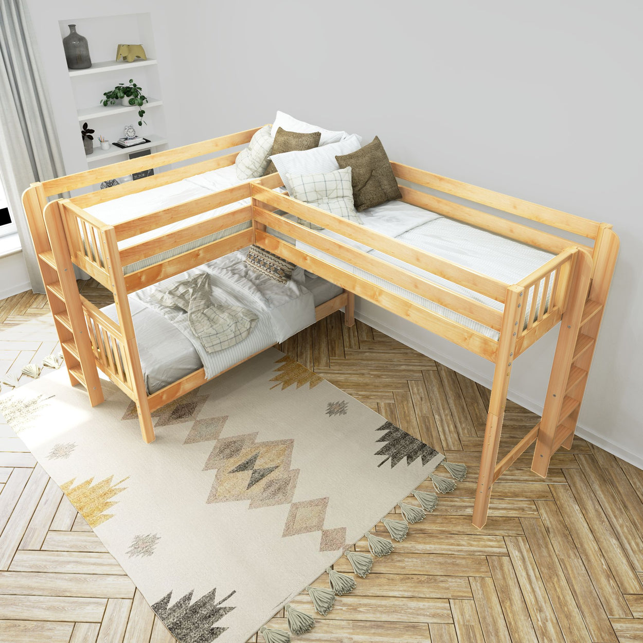 Modern wooden L-shaped bunk bed with cozy bedding in a bright room featuring a decorative rug and bookshelf.