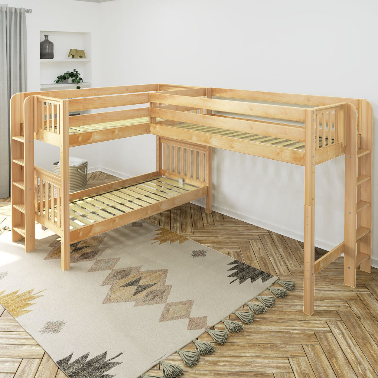L-shaped wooden bunk bed with ladders in a modern bedroom with patterned rug.