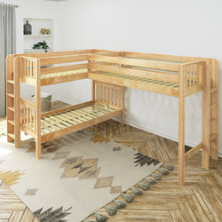 L-shaped wooden bunk bed with ladders in a modern bedroom with patterned rug.