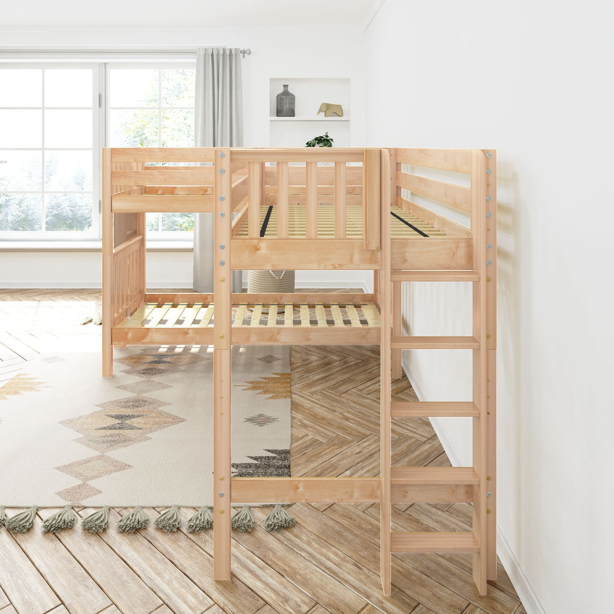 Wooden loft bunk bed with ladder in modern sunlit bedroom, featuring large windows and soft rug on wooden floor.