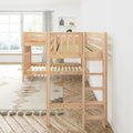 Solid natural wood loft bunk bed with ladder in bright Scandinavian-style children's bedroom with large window, white walls, gray curtains and patterned rug
