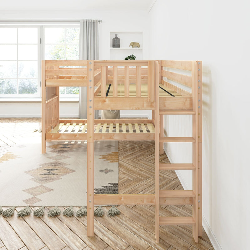 Solid natural wood loft bunk bed with ladder in bright Scandinavian-style children's bedroom with large window, white walls, gray curtains and patterned rug