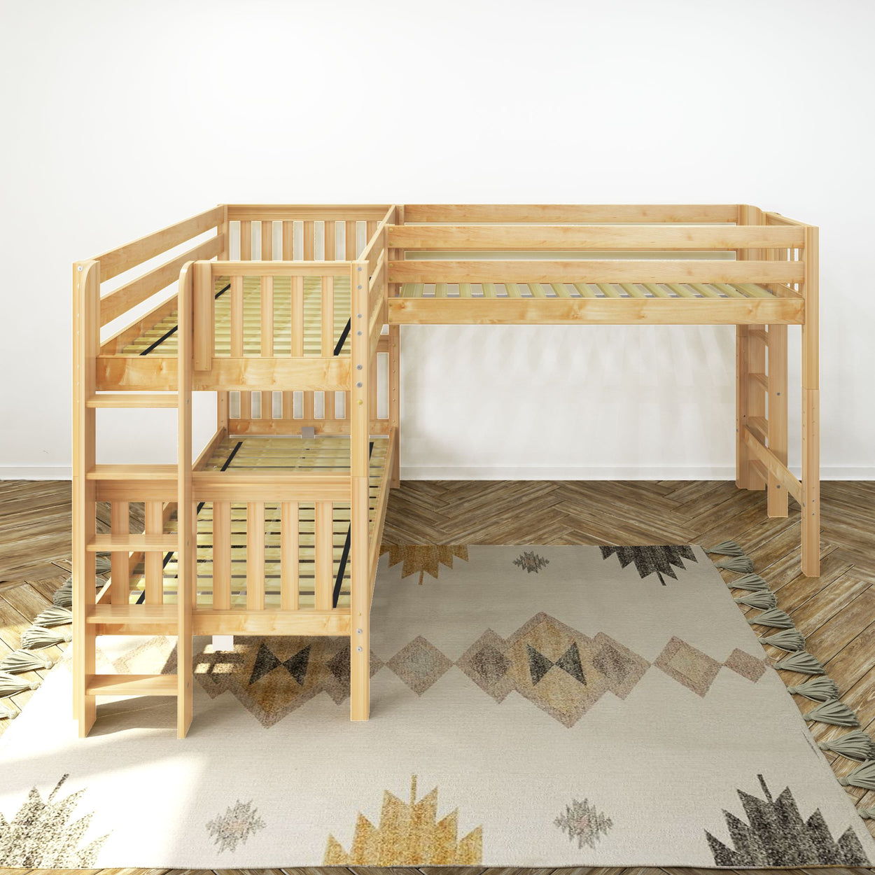 Wooden L-shaped bunk bed with ladder over geometric patterned rug in modern bedroom.