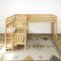 Natural wooden loft bunk bed with built-in ladder and guardrails, pine twin-over-twin frame in kids' room on patterned rug