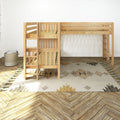 Natural wood loft bunk bed with ladder in a minimalist children's bedroom, pine frame over herringbone hardwood floor with patterned area rug and woven storage basket