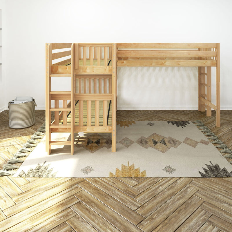 Natural wood loft bunk bed with ladder in a minimalist children's bedroom, pine frame over herringbone hardwood floor with patterned area rug and woven storage basket
