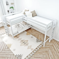 L-shaped white loft bed with cozy bedding and geometric rug in a modern bedroom.