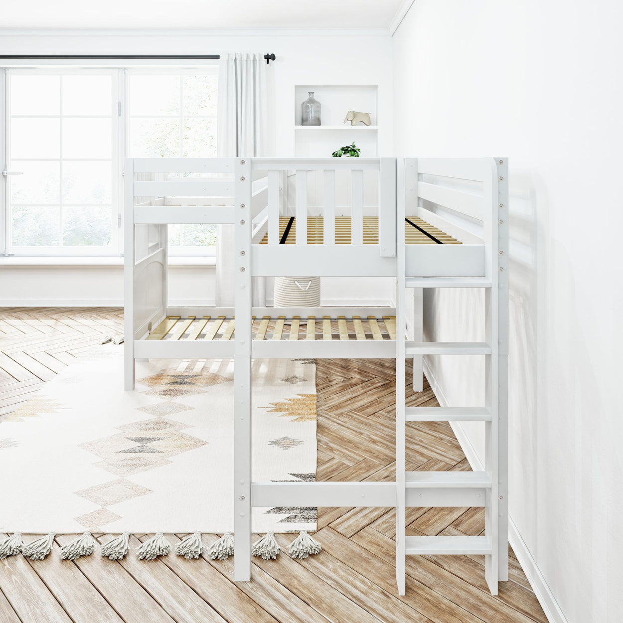 White wooden loft bed with ladder in modern kids' bedroom featuring natural light and geometric patterned rug.