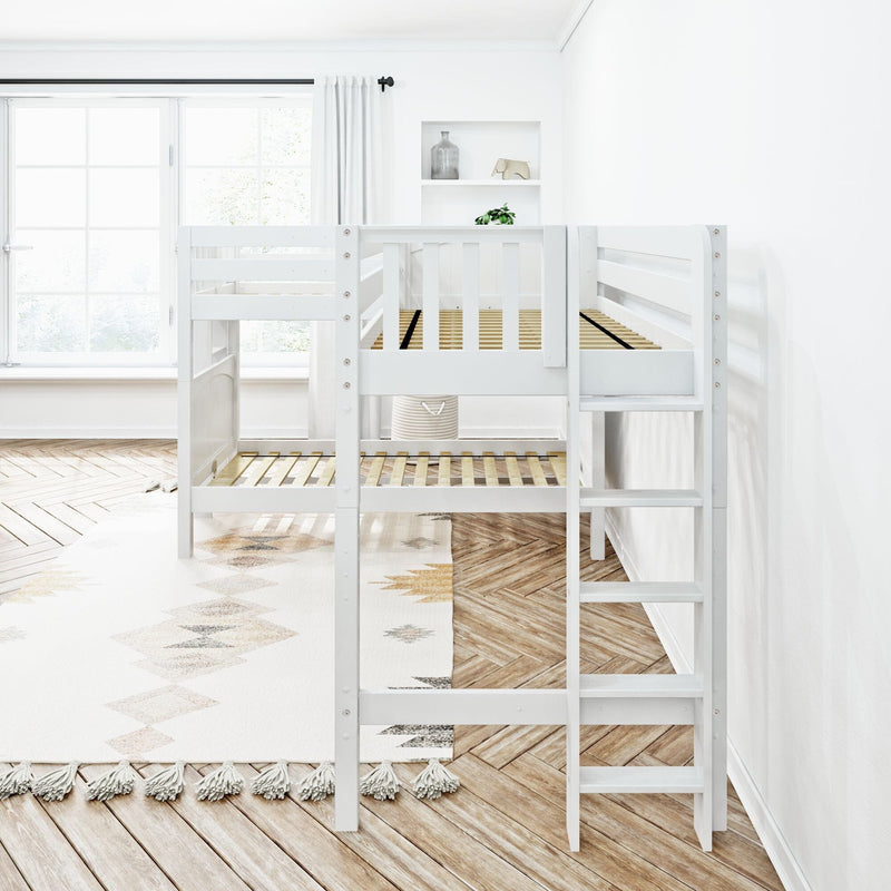 Minimalist white bunk bed in a bright Scandinavian kids' bedroom with natural light, herringbone wood floor, neutral rug and built-in shelving