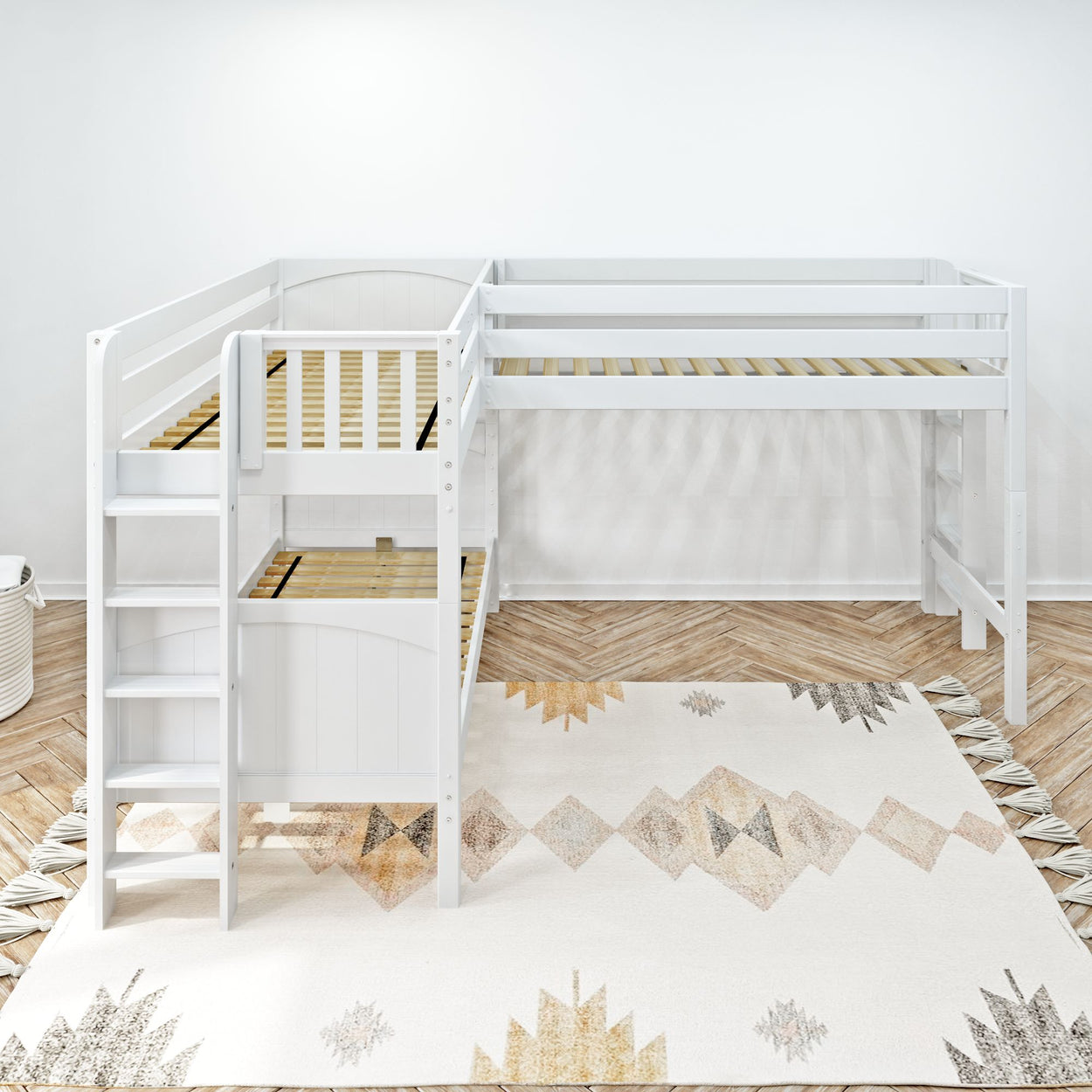 White wooden L-shaped bunk bed with ladder and beige geometric rug in spacious room.
