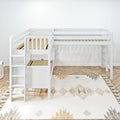 White wooden loft bunk bed with ladder and slatted mattress supports in bright neutral kids' bedroom with patterned rug and woven basket