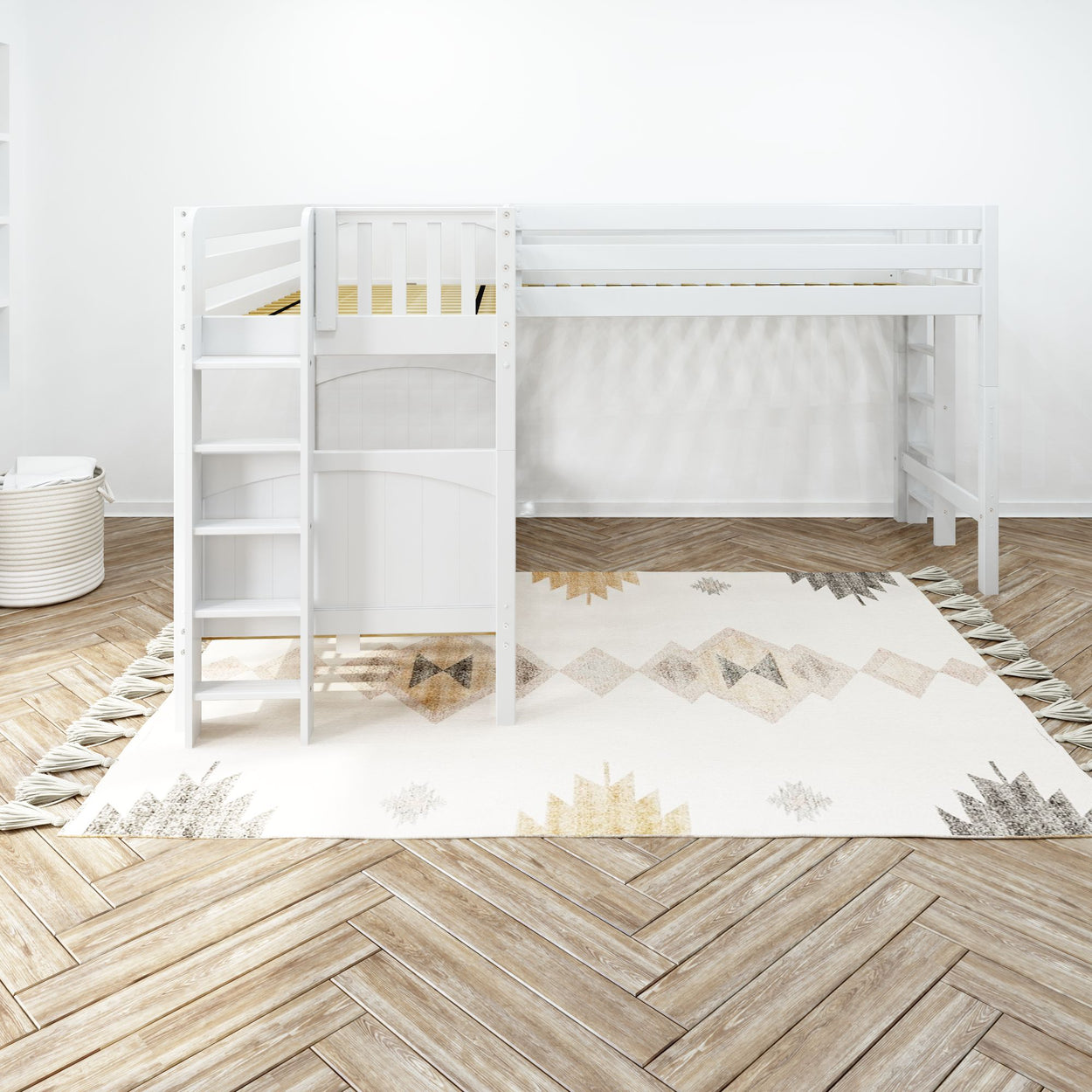 White loft bed with ladder in a modern minimalist kids' room featuring a geometric pattern rug.