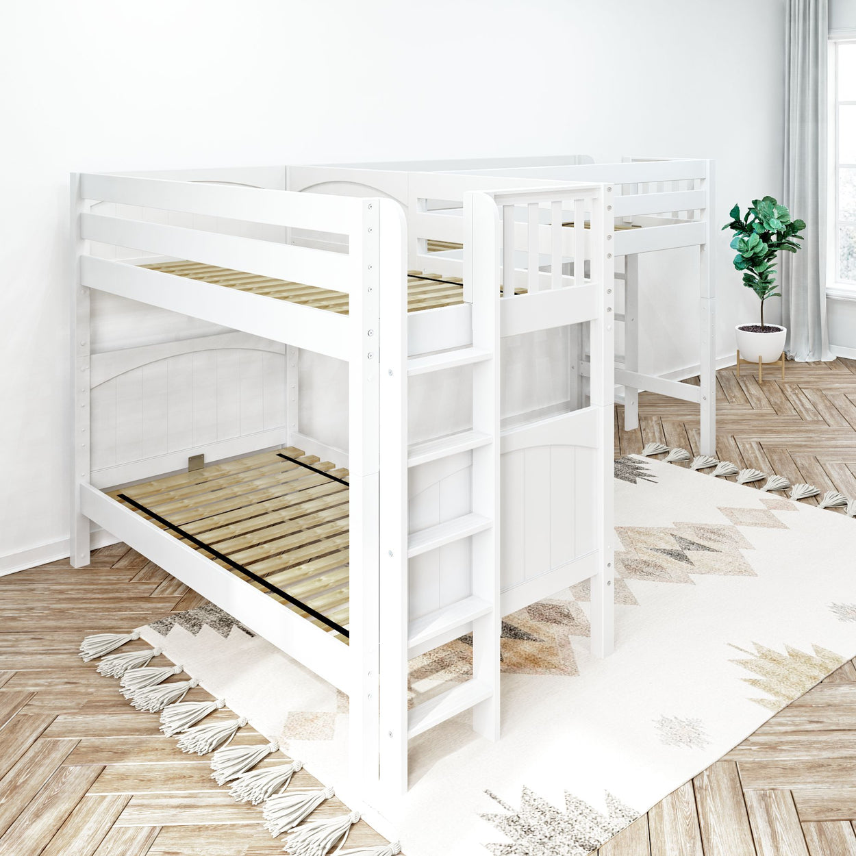 White wooden bunk bed with ladder in a modern bright bedroom featuring a patterned rug and potted plant.
