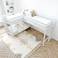 Bright minimalist children's bedroom with white wooden bunk beds, neutral bedding and pillows, patterned tassel rug, built-in shelving and herringbone wood floor