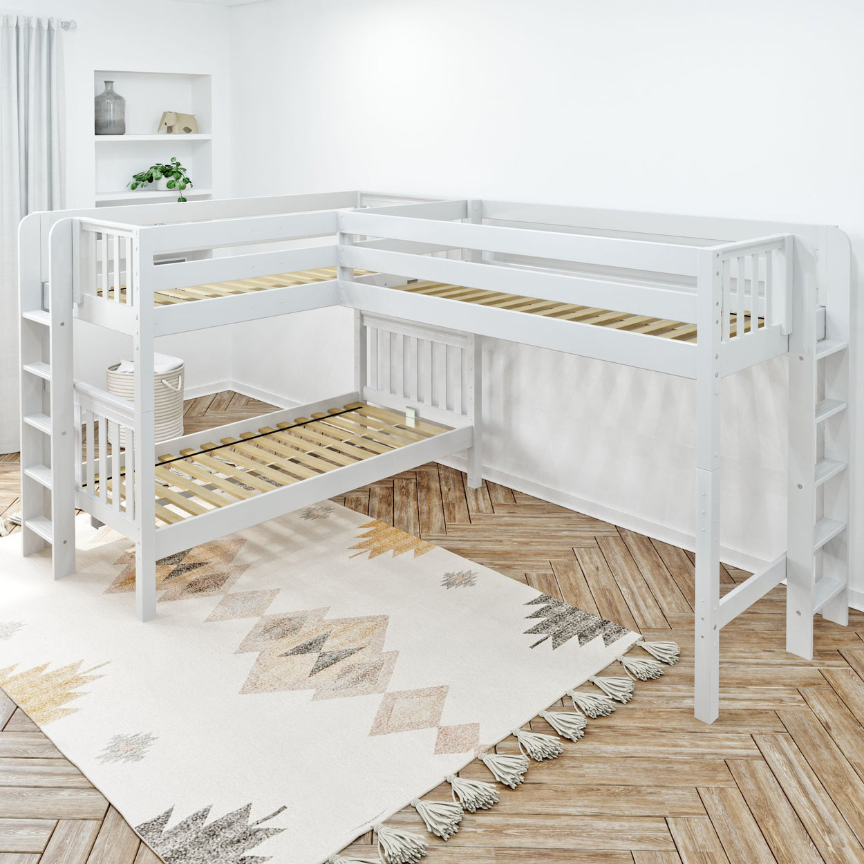 White wooden L-shaped loft bunk bed with slatted bases in modern bedroom interior with light decor.