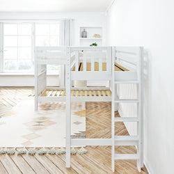 White wooden loft bed with ladder in a bright, minimalist bedroom with a large window and natural light.