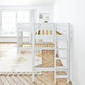 Bright Scandinavian children's bedroom with white wooden bunk bed and ladder, large window and patterned rug