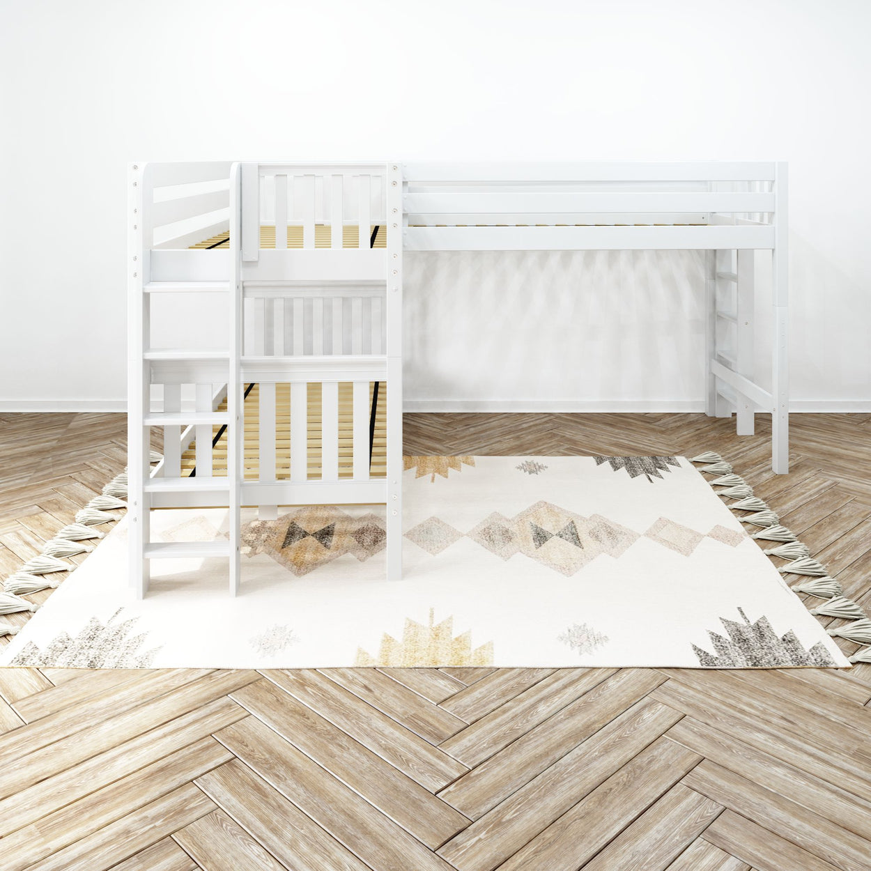 White wooden bunk bed with ladder on a geometric patterned rug in a modern bedroom.