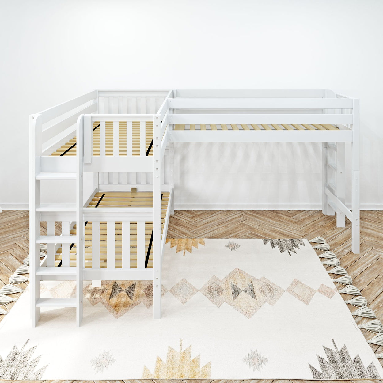 White L-shaped loft bed with ladder on geometric-patterned rug in modern bedroom.