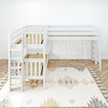 White wooden loft bunk bed frame in a modern kids' room with natural slat mattress supports, boho patterned rug and herringbone wood floor