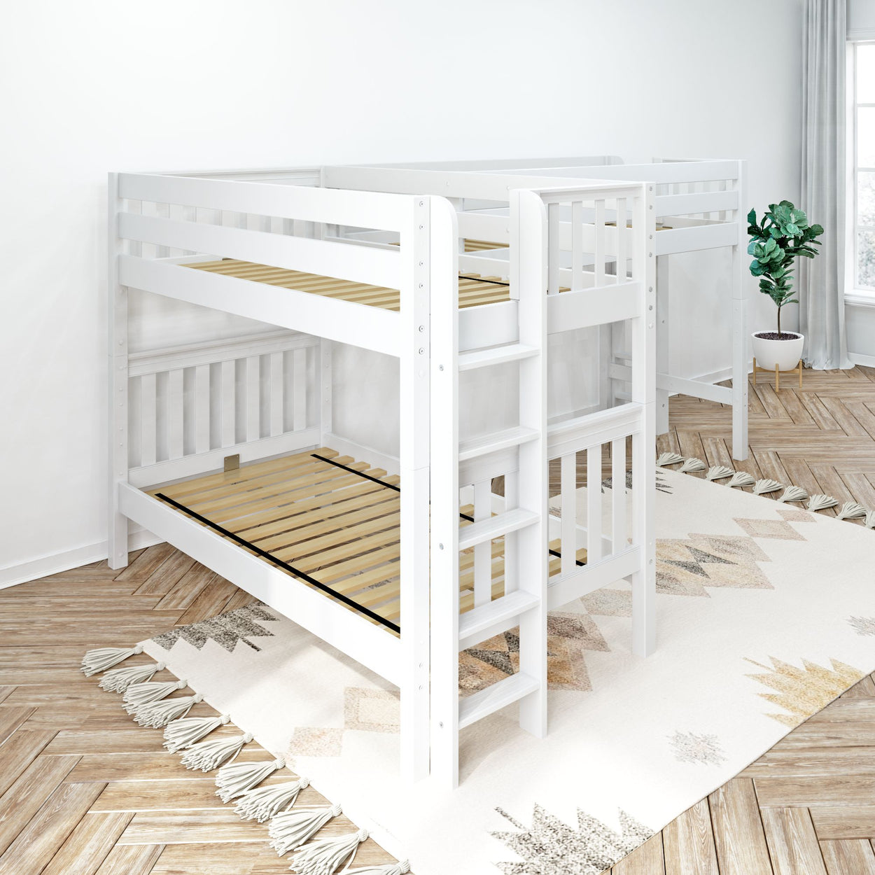 White wooden bunk bed in a modern bedroom with herringbone flooring and decorative rug.