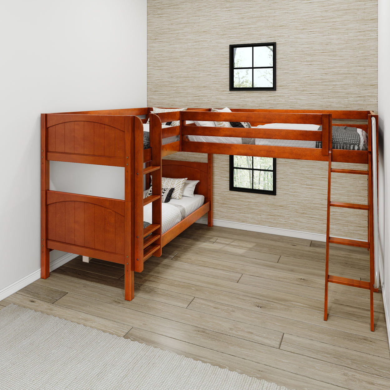 Wooden bunk bed with ladder in modern bedroom setting.
