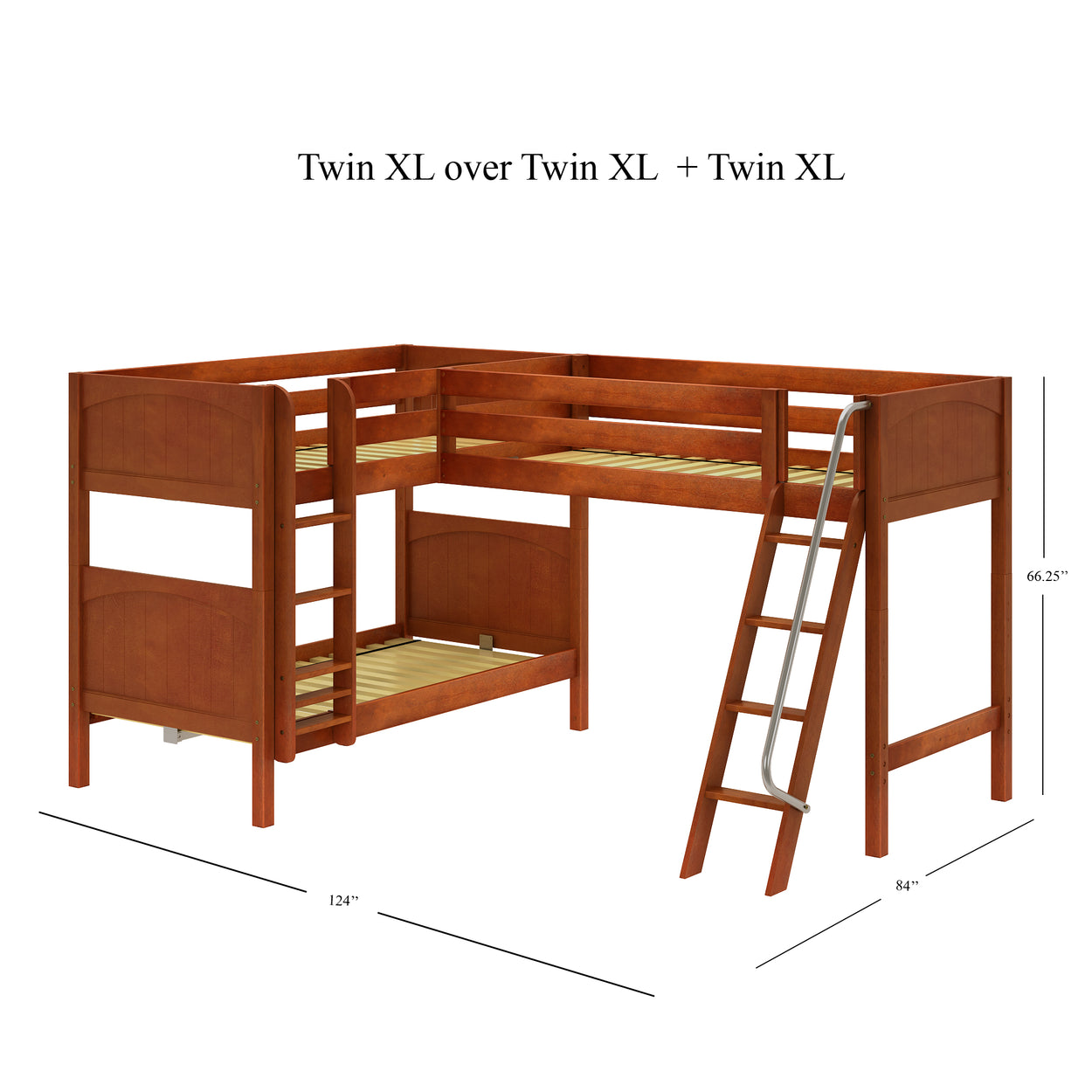 L-shaped twin XL over twin XL bunk bed with ladder, wooden finish, and dimensions labeled.