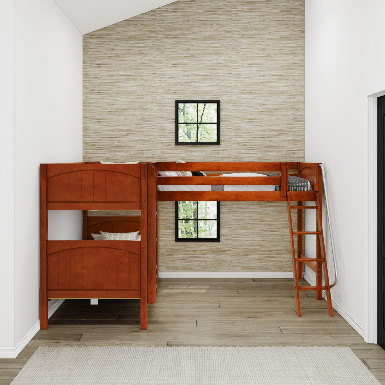Oak wooden bunk bed with ladder in modern bedroom interior.