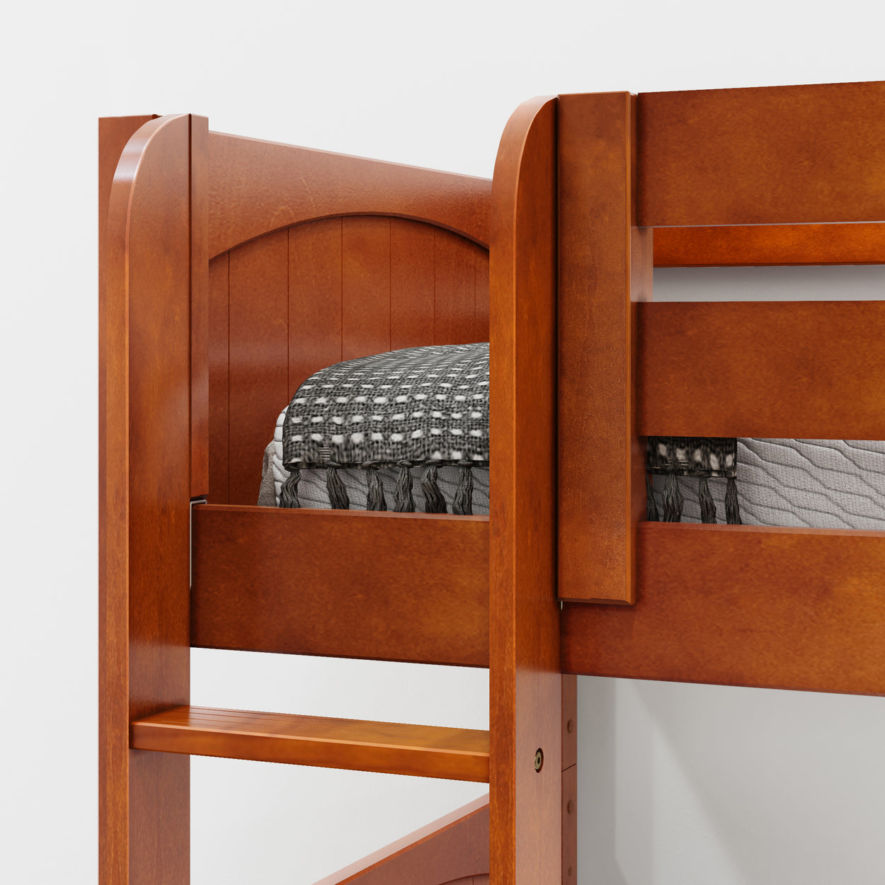 Wooden bunk bed with ladder and cozy bedding in modern bedroom setup.