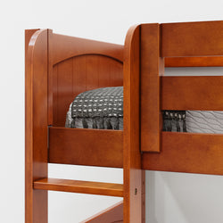 Wooden bunk bed with ladder and cozy bedding in modern bedroom setup.