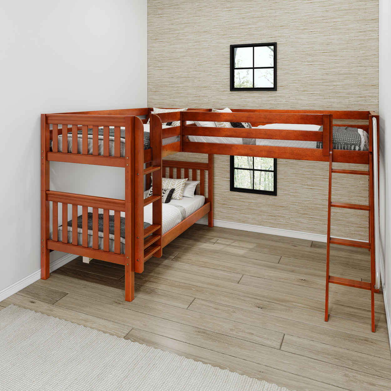 Wooden L-shaped bunk bed with ladder in modern bedroom setting.