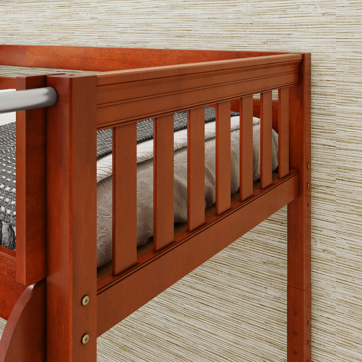Wooden bunk bed close-up with sturdy railings and soft mattress, perfect for kids' room furniture.