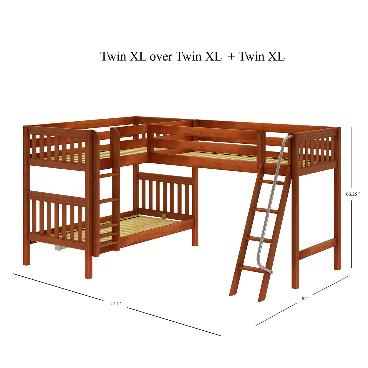 L-shaped triple twin XL bunk bed with wooden frame and ladder for space-saving bedroom furniture.