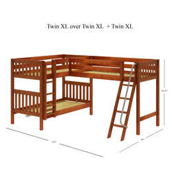L-shaped triple twin XL bunk bed with wooden frame and ladder for space-saving bedroom furniture.