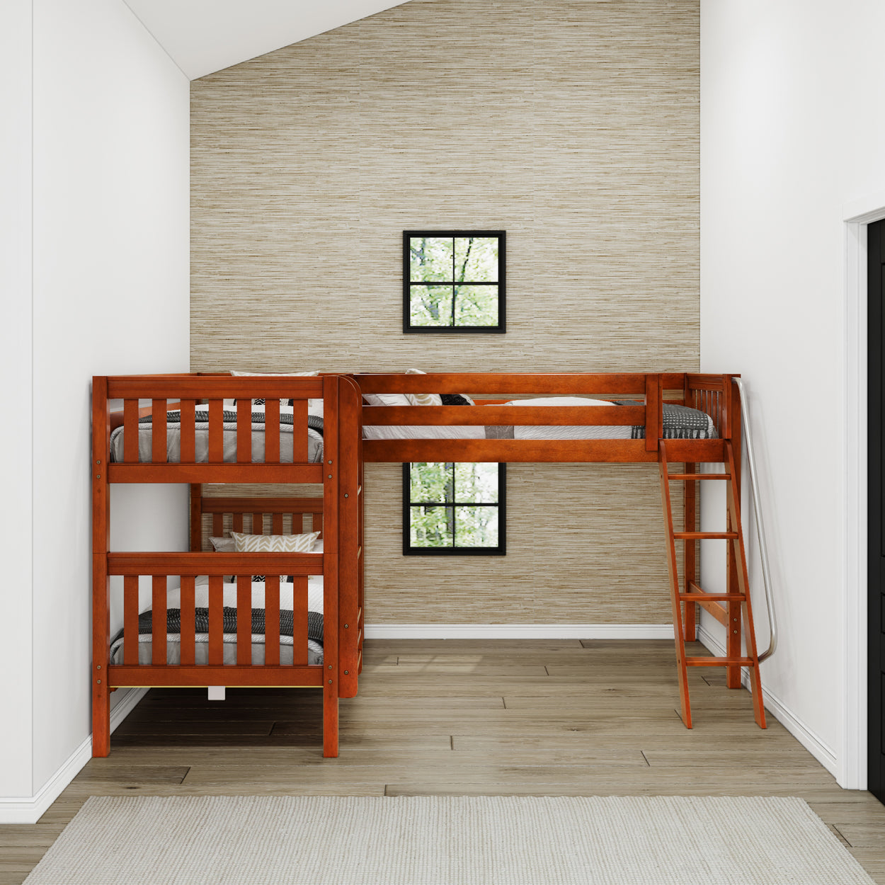 Wooden bunk bed with ladder in modern bedroom with textured wall and natural light.