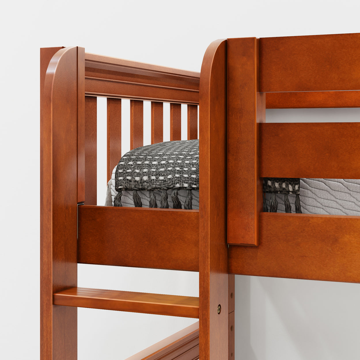 Wooden bunk bed frame with a cozy bedspread, ideal for children's bedroom furniture.