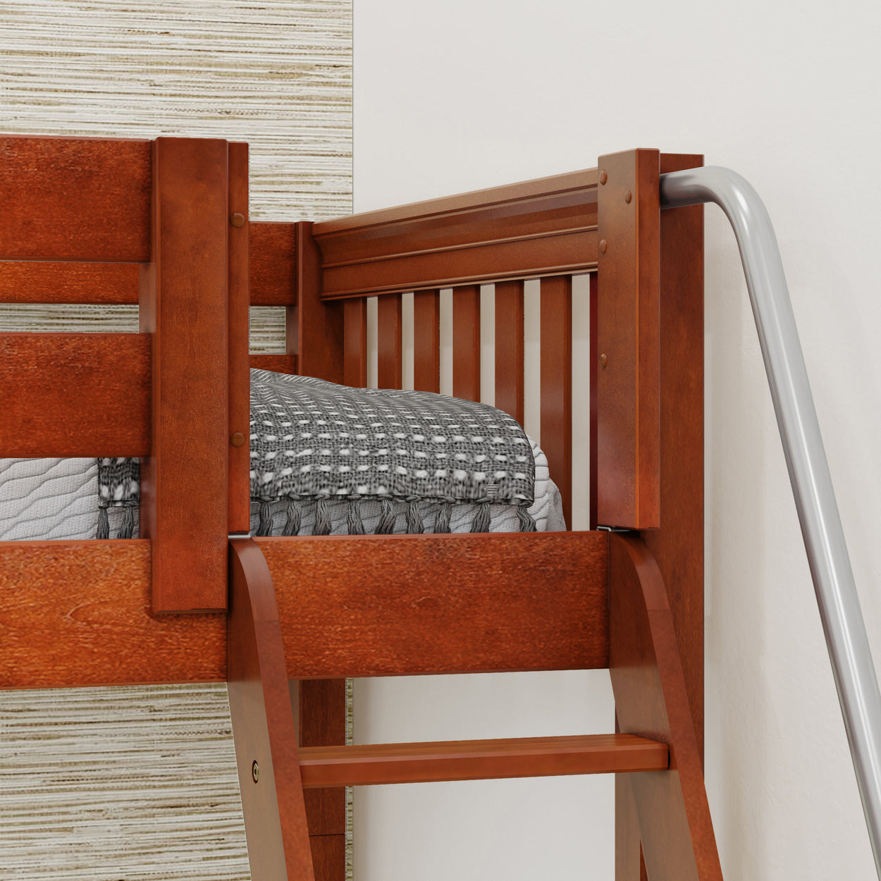 Wooden bunk bed with ladder and gray patterned bedding in a modern bedroom setting.