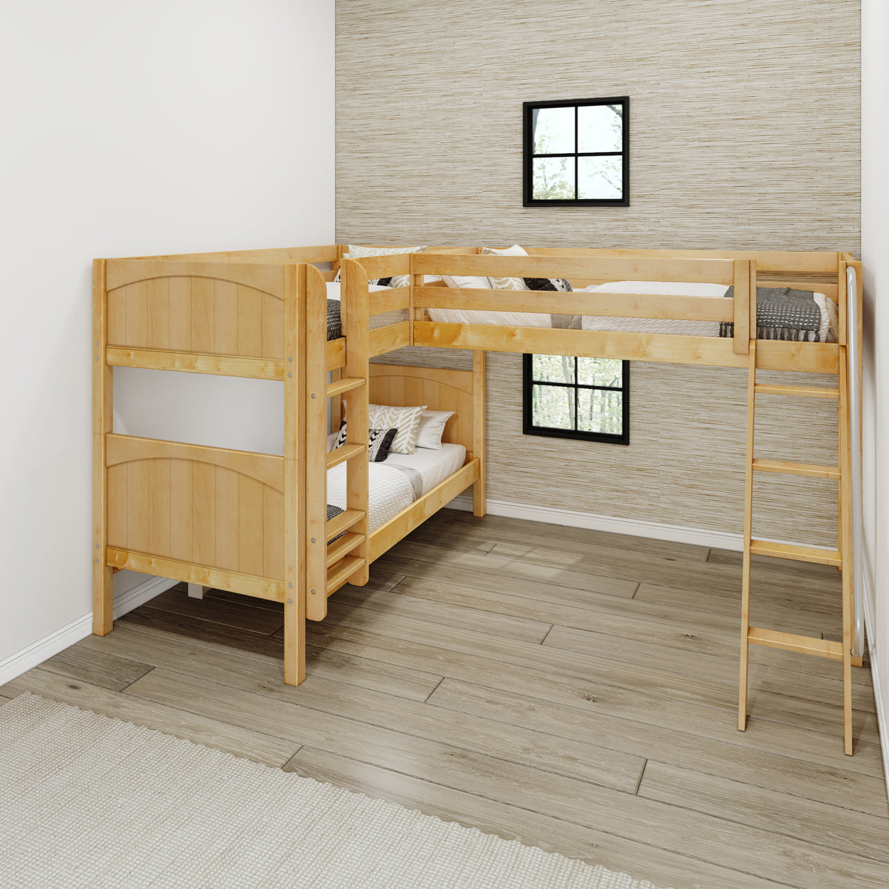 L-shaped wooden bunk bed with ladder in modern bedroom interior.