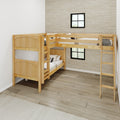 Natural wood twin bunk bed with ladder in modern kids' bedroom, neutral textured accent wall, hardwood floors and decorative pillows