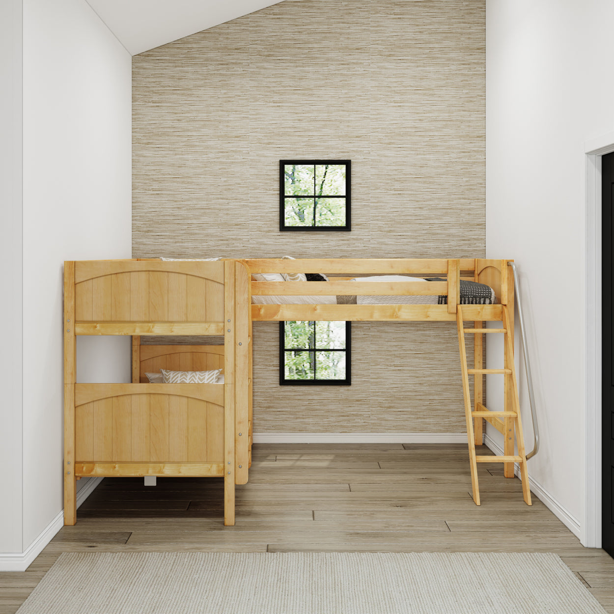 Wooden bunk bed in a modern bedroom with natural light and textured walls.