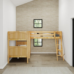 Wooden bunk bed in a modern bedroom with natural light and textured walls.