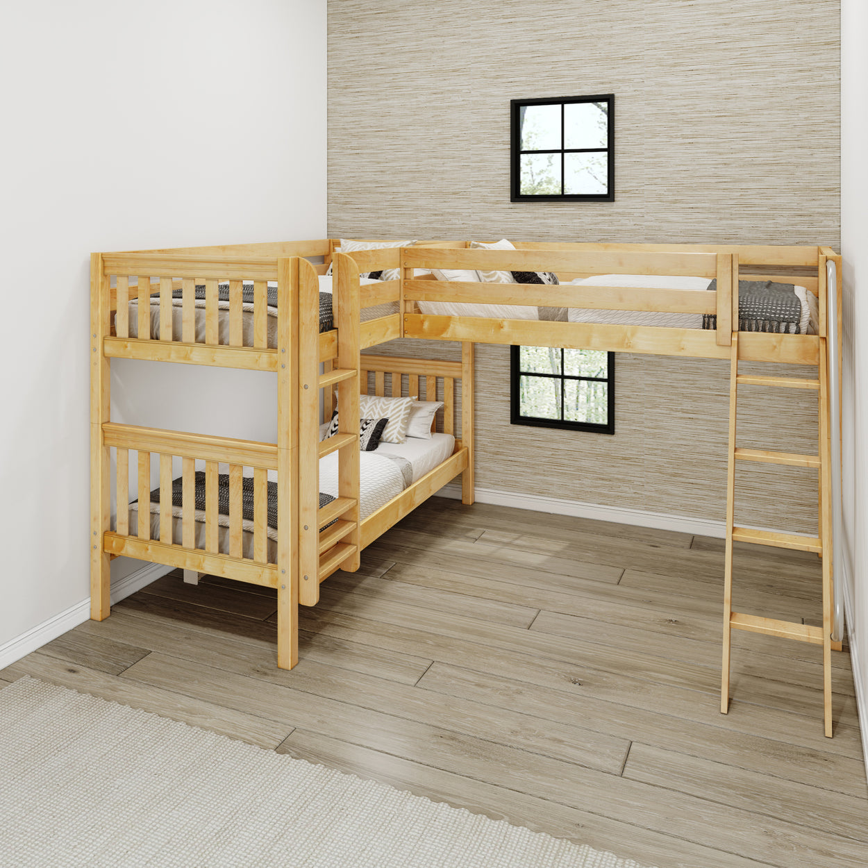 Wooden L-shaped bunk bed with ladder in modern bedroom setting.