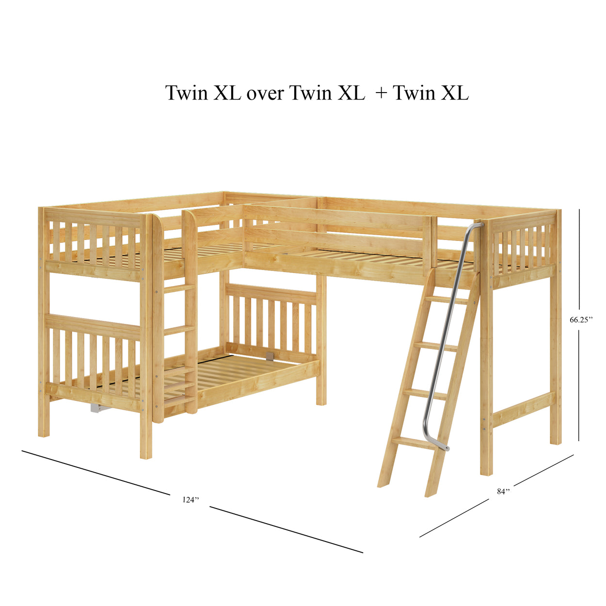 Wooden L-shaped triple bunk bed with ladder and twin XL over twin XL configuration.