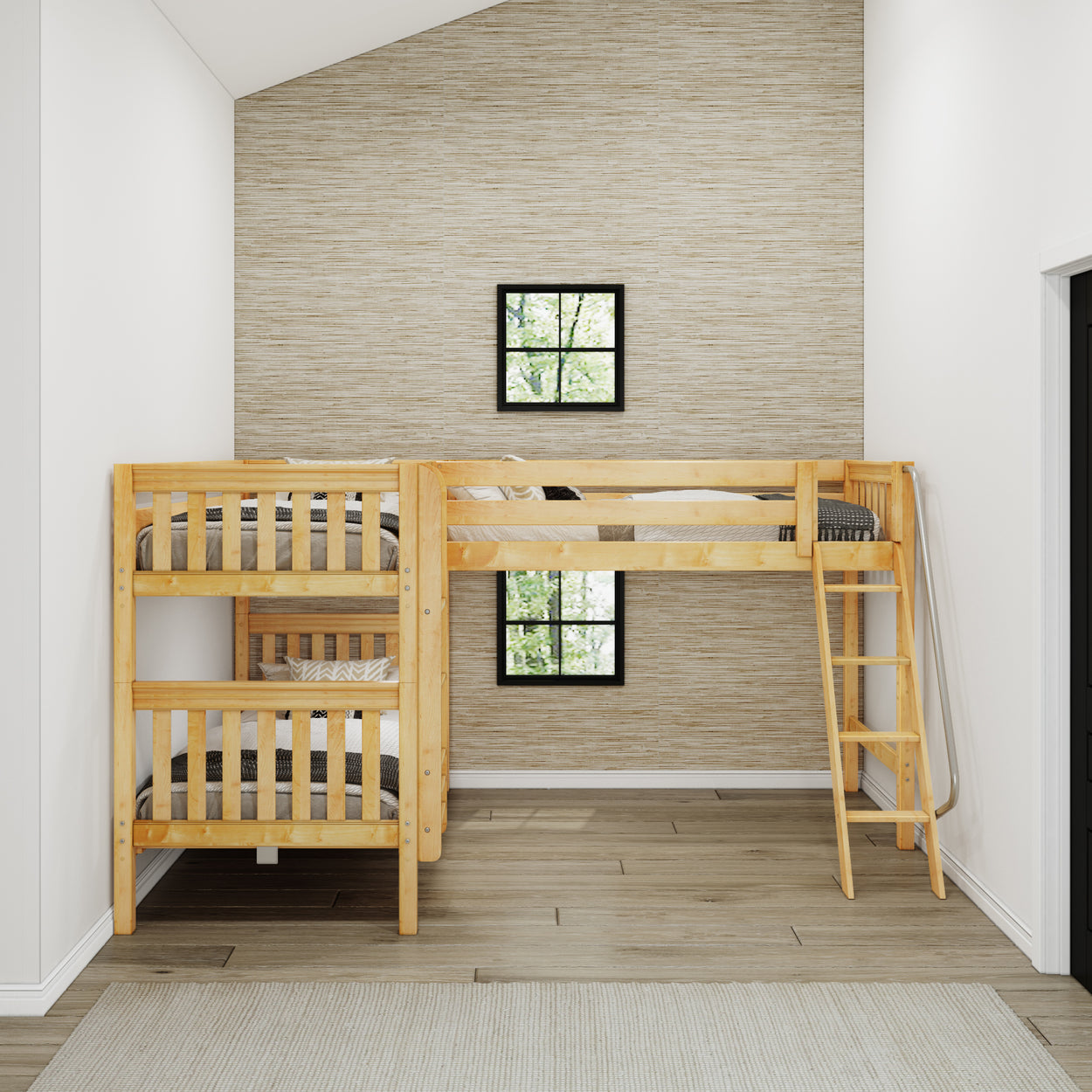 Wooden bunk bed in modern bedroom with neutral decor and natural light.