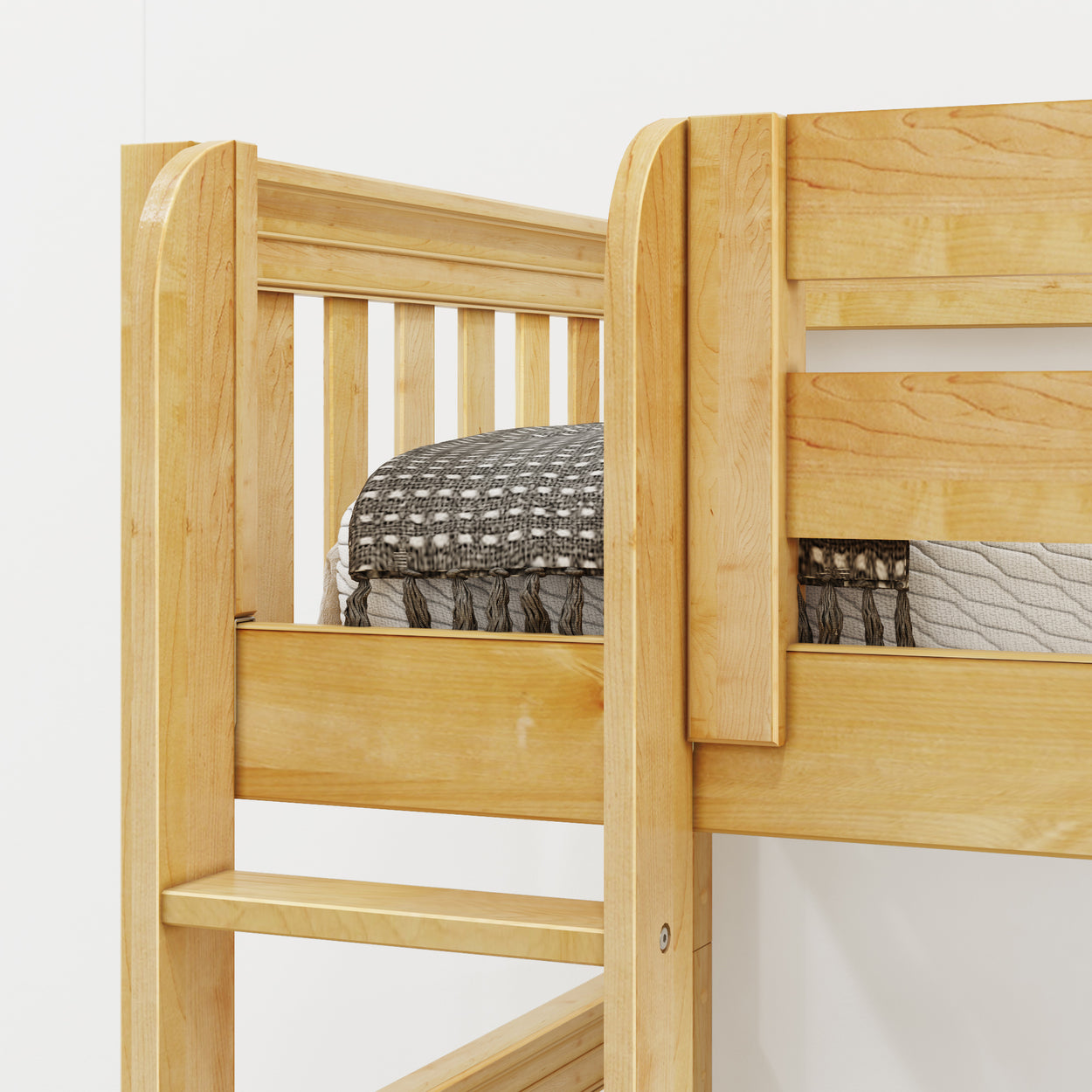 Natural wood finish bunk bed with comfortable bedding in a modern design.