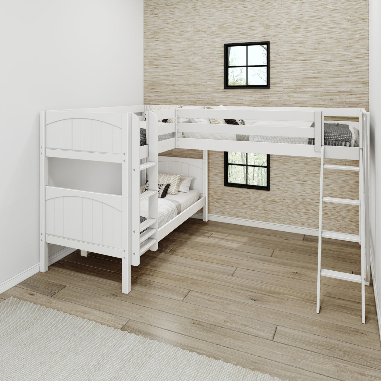 White wooden L-shaped bunk bed in modern bedroom interior with beige walls and wooden floor.