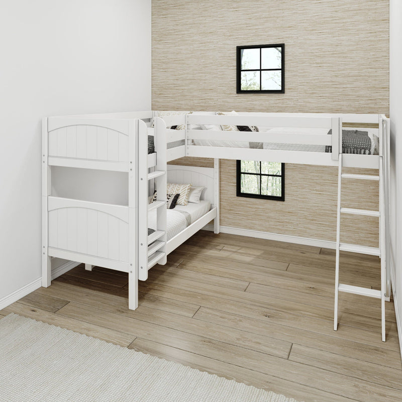 White L-shaped kids bunk bed in modern neutral bedroom with grasscloth accent wall, black-framed windows and hardwood floors
