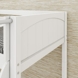 White loft bed frame corner detail against textured wall background.